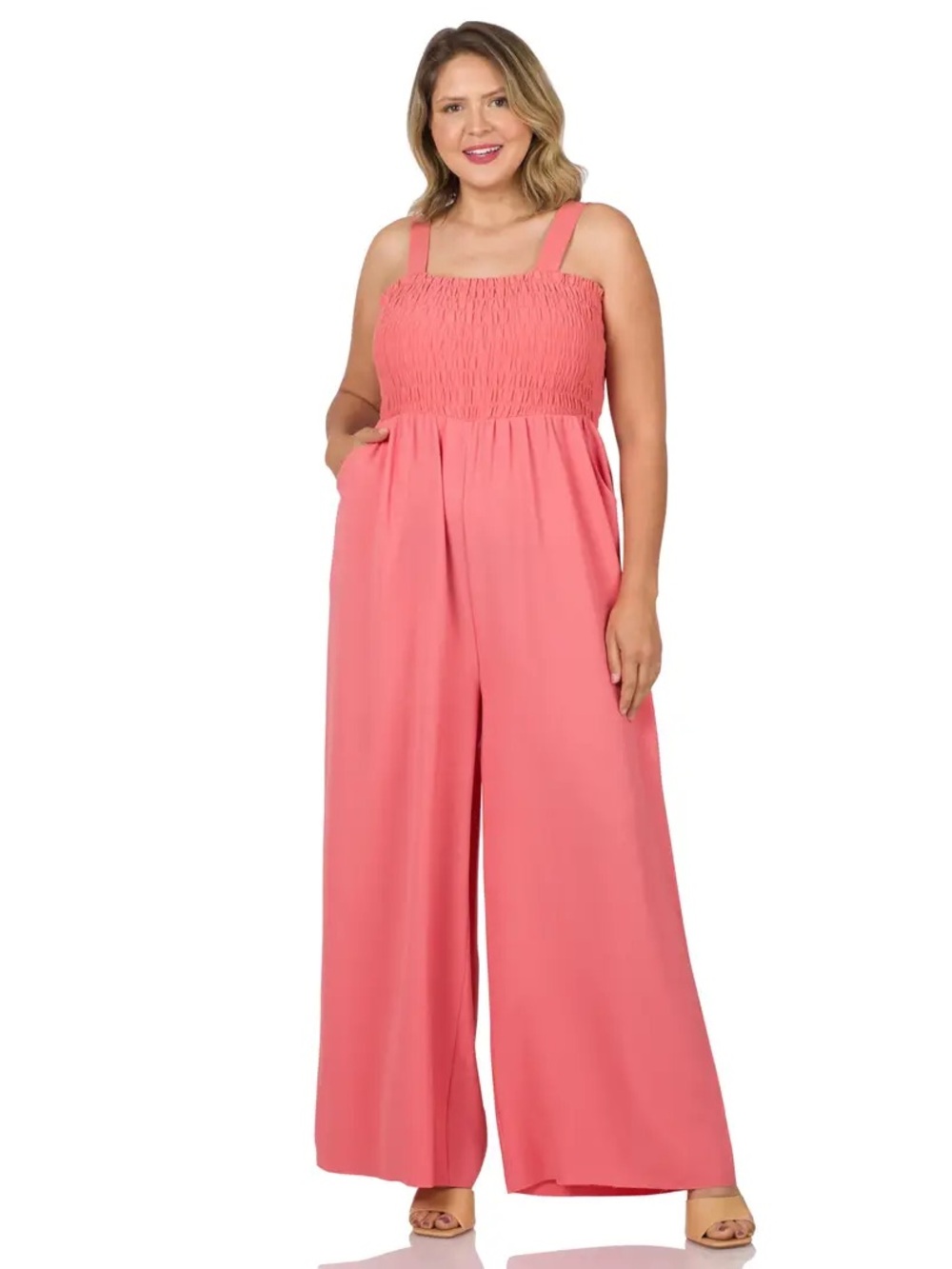 Zenana Outfitters Coral Smocked Jumpsuit